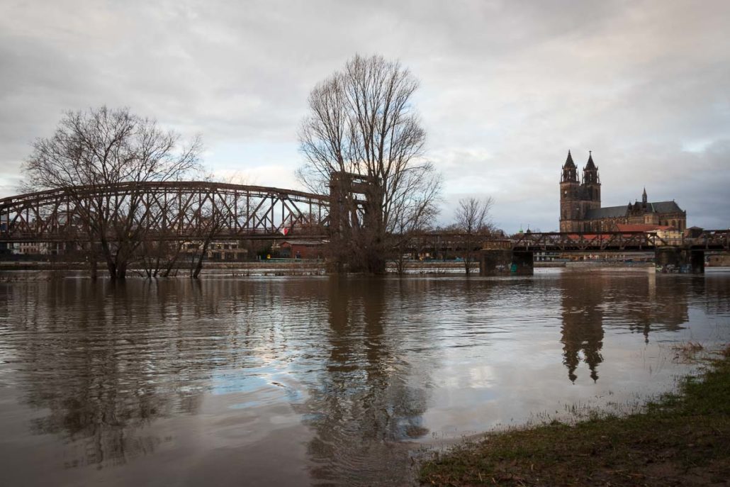 An der Elbe in Magdeburg, sehr hoher Wasserstand und Blick auf Hubbrücke und Dom